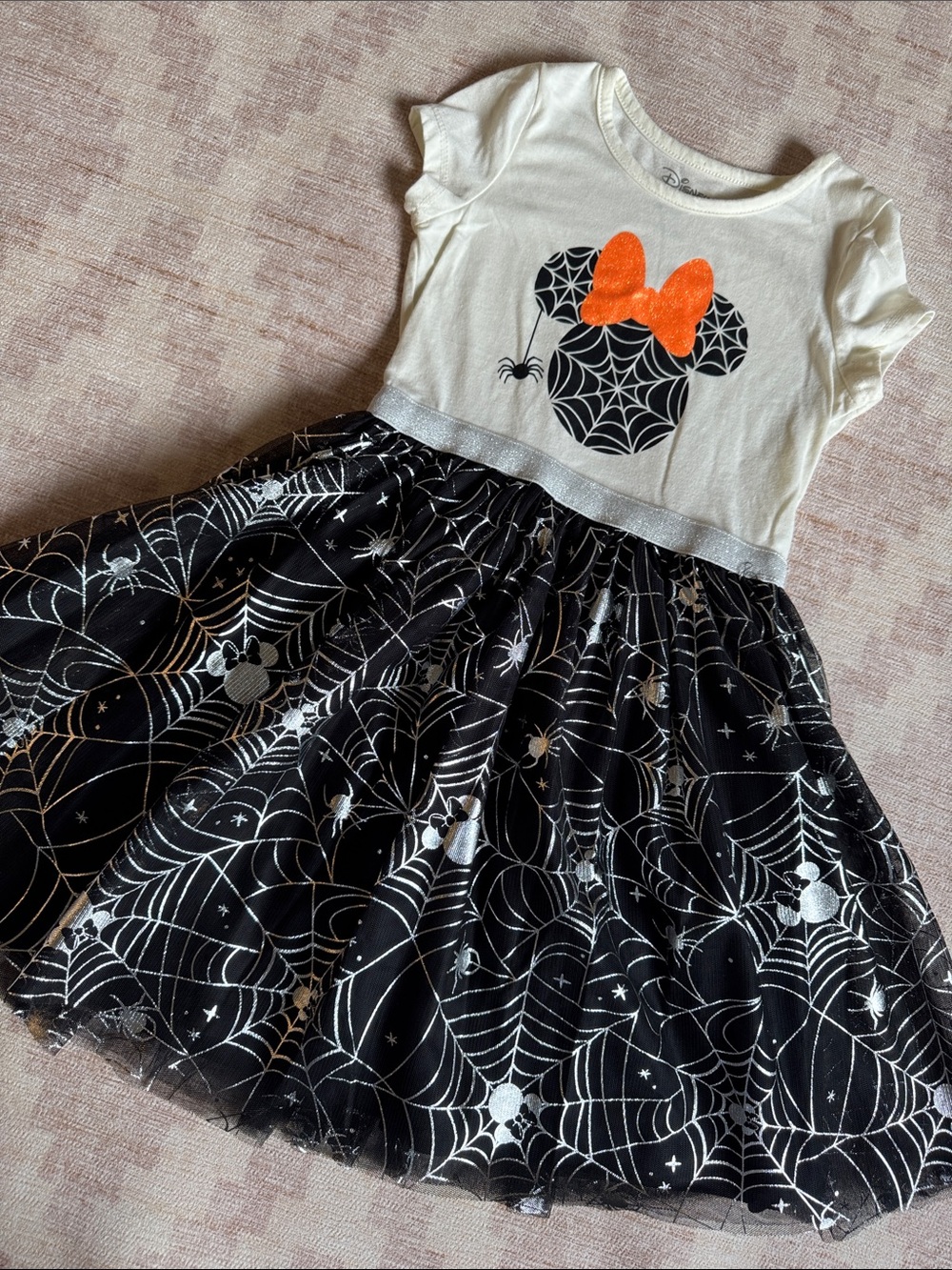 Disney White & Black Halloween Minnie Spiderweb Dress with Orange Bow Kids 8